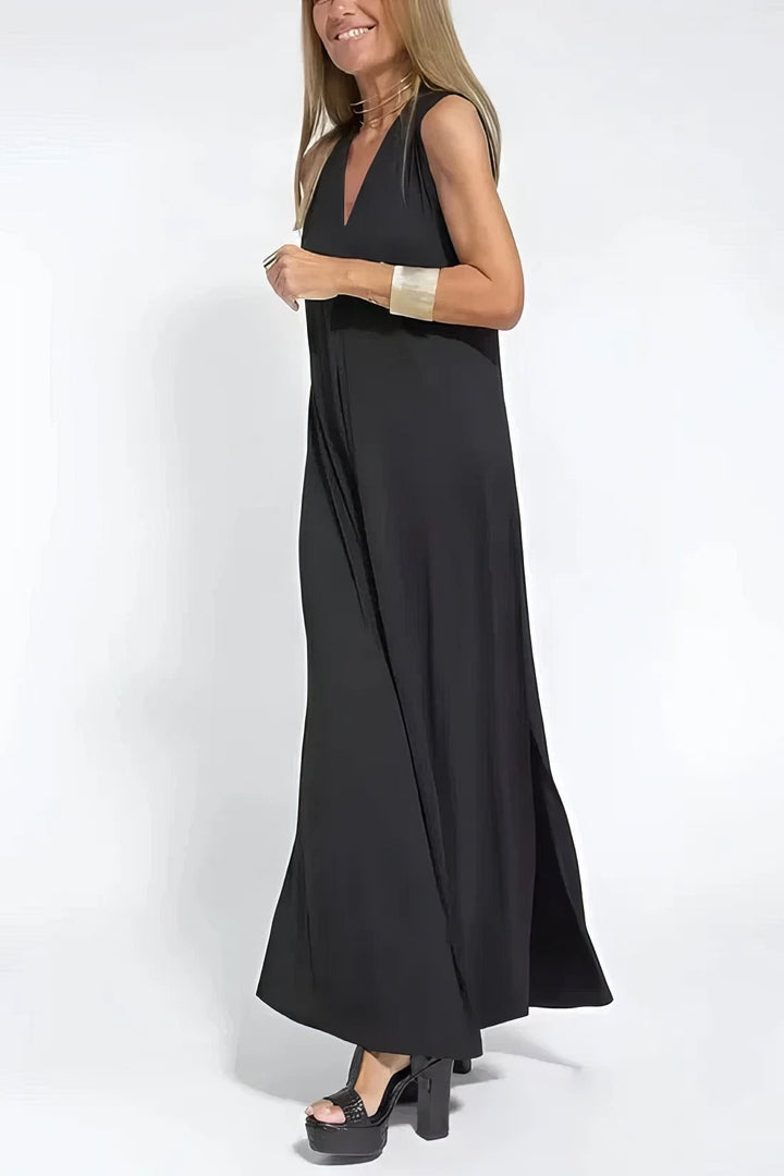 Vestido largo sin mangas, escote V, para mujeres de talla grande, ideal para un estilo casual de verano.