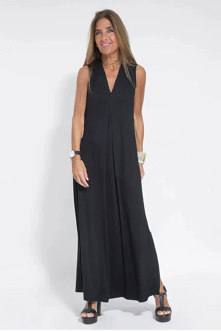 Maxi vestido de verano para tallas grandes, diseño sin mangas y cuello V, moda femenina cómoda.
