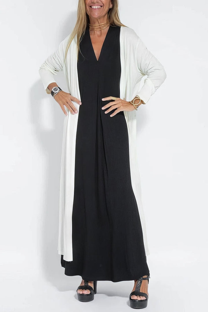 Vestido largo elegante para tallas grandes, sin mangas, con escote en V, ideal para eventos de verano.