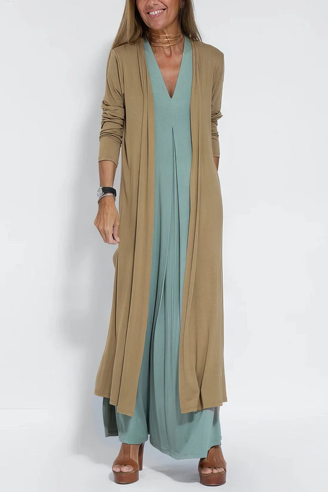 Maxi vestido de verano talla grande, escote V y sin mangas, moda casual y chic para mujer.