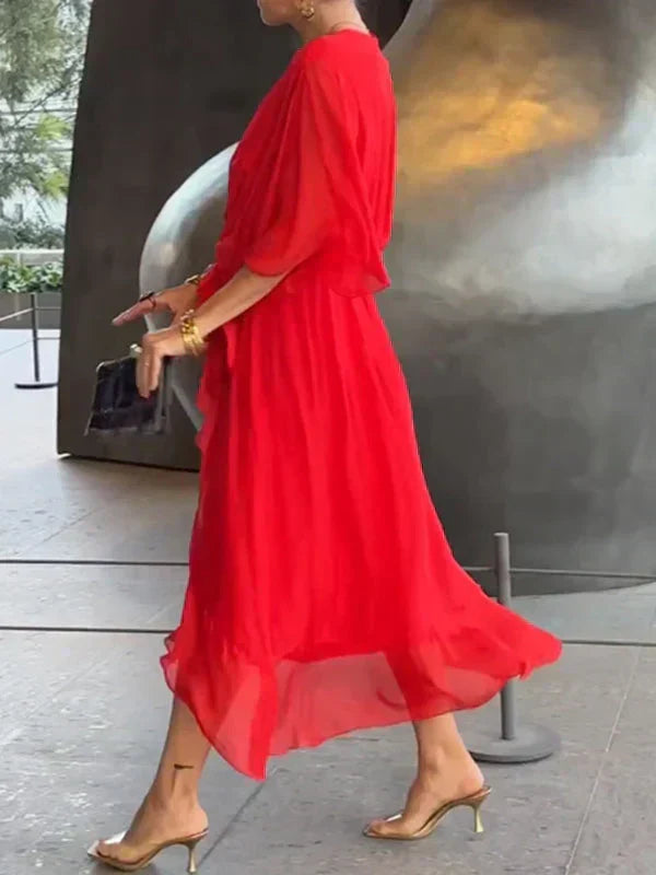 Vestido midi cruzado de fiesta o casual elegante para mujer. Ajuste perfecto, ideal para eventos de día y noche.