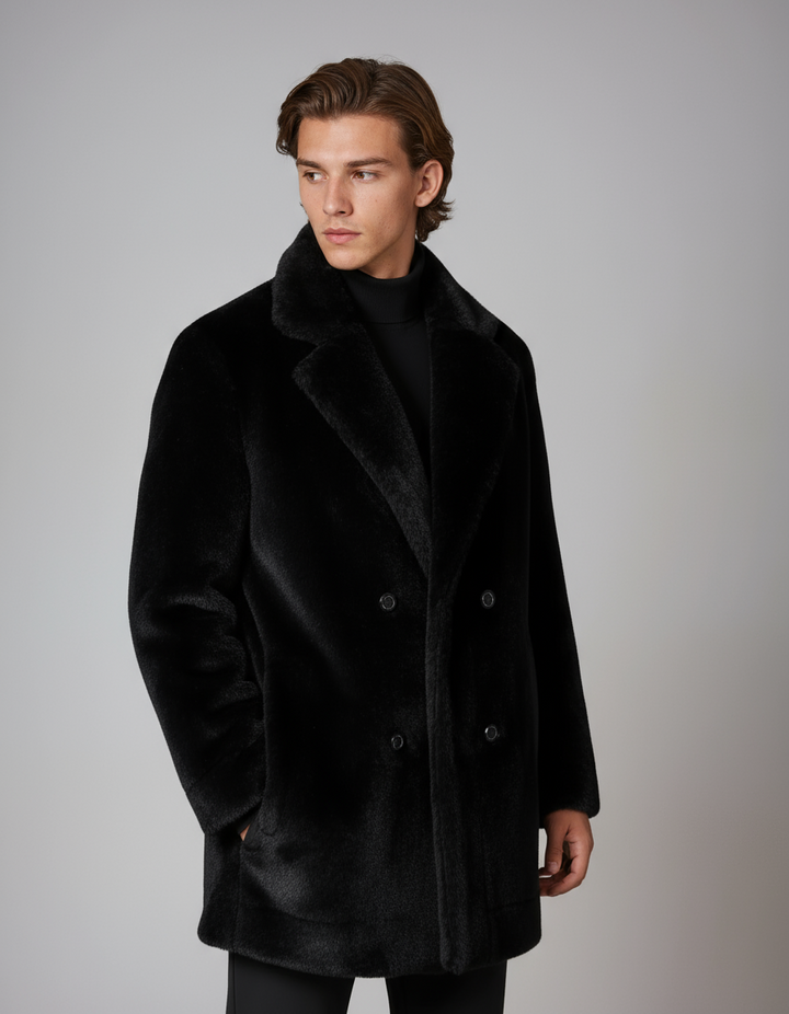 Abrigo de invierno para hombre, con cuello de pelo. Chaqueta elegante y cálida, ideal para el frío y estilo formal.