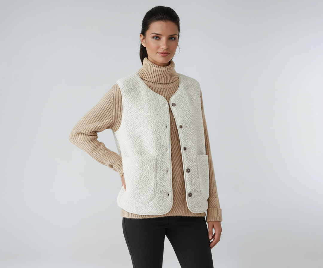 Chaleco sin mangas MIRELDA para mujer, de estilo elegante y casual, con botones y bolsillos funcionales.