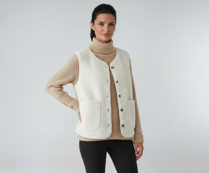 Chaleco sin mangas MIRELDA para mujer, de estilo elegante y casual, con botones y bolsillos funcionales.