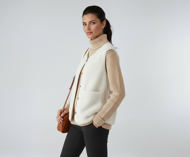 Chaleco estilizado MIRELDA de mujer, con botones frontales y bolsillos. Prenda de moda femenina para otoño.