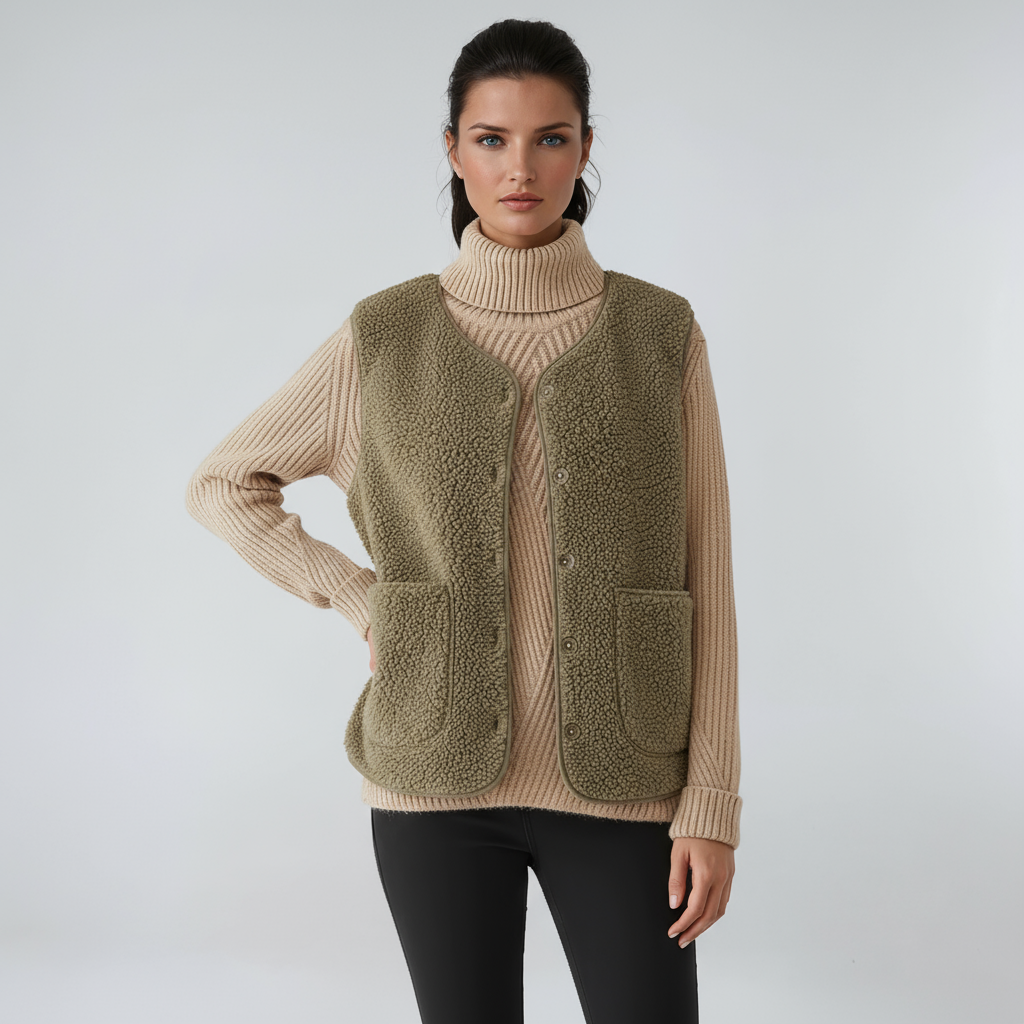 Mujer vistiendo chaleco MIRELDA elegante con botones y bolsillos. Look casual estilizado para otoño.