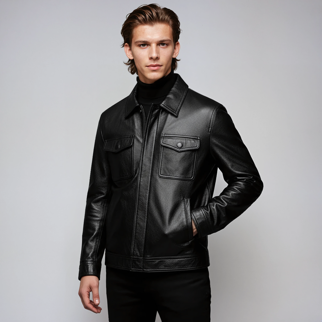 Cazadora biker MACKSTON de piel sintética negra para hombre. Estilo atemporal, versátil otoño/primavera.