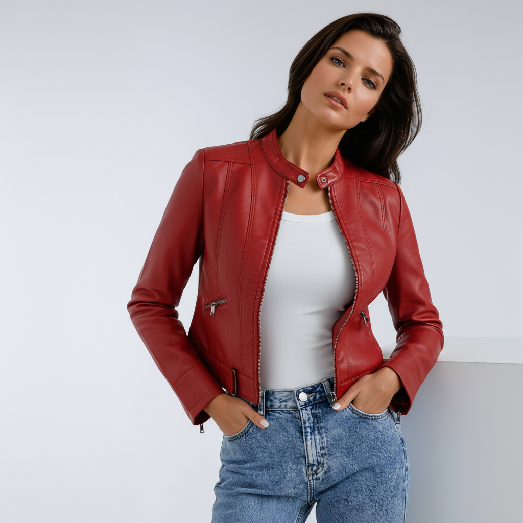 Chaqueta biker de mujer, diseño clásico con cremalleras, ideal para vestir en otoño e invierno. Elegante y cómoda.