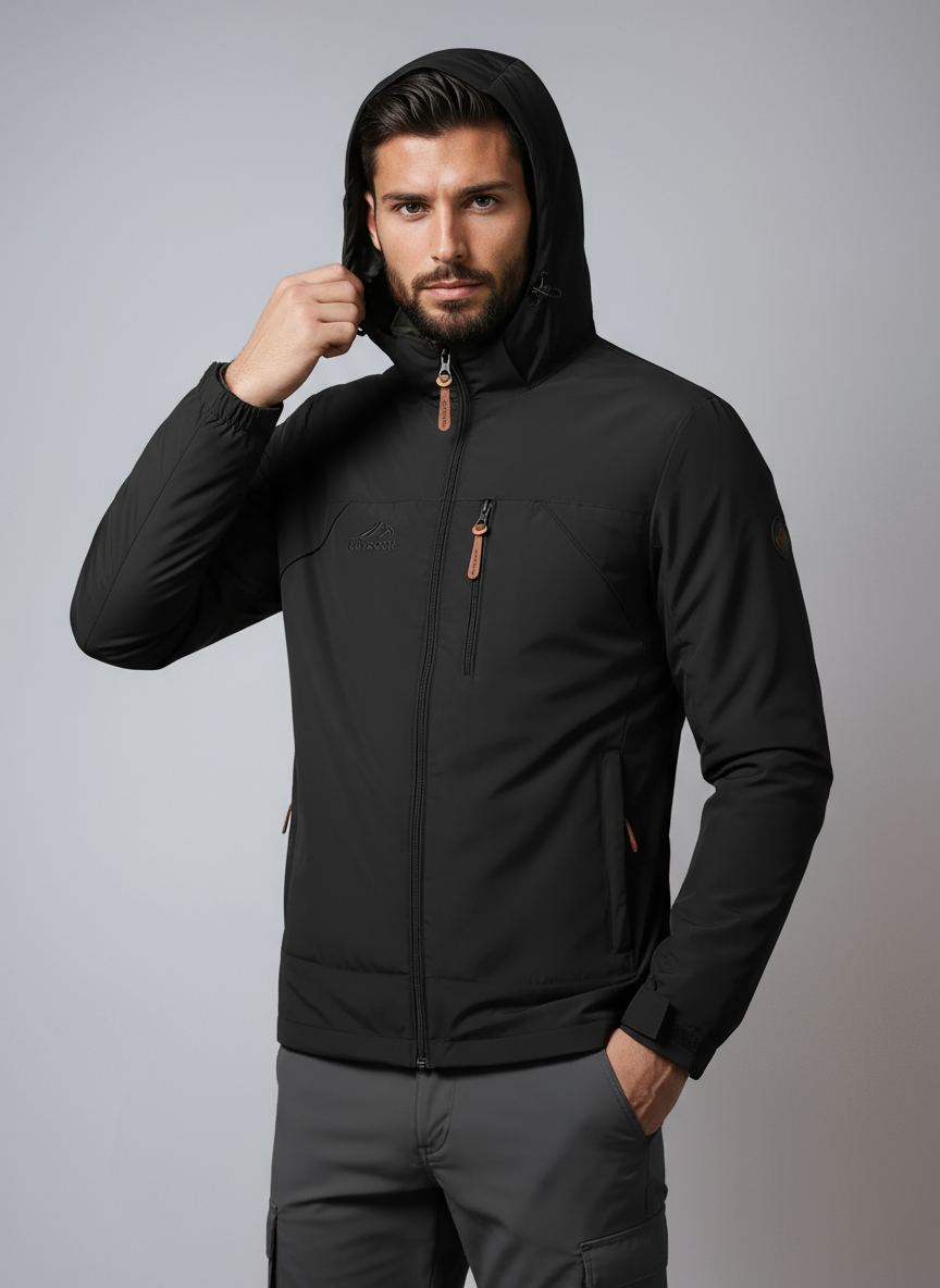 Abrigo moderno e impermeable para hombre, ideal para actividades al aire libre y deporte.