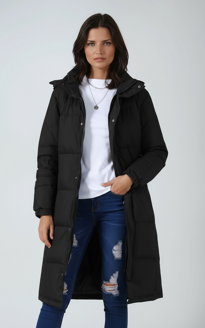 Abrigo de invierno para mujer, acolchado y largo, con capucha protectora, ropa exterior esencial.