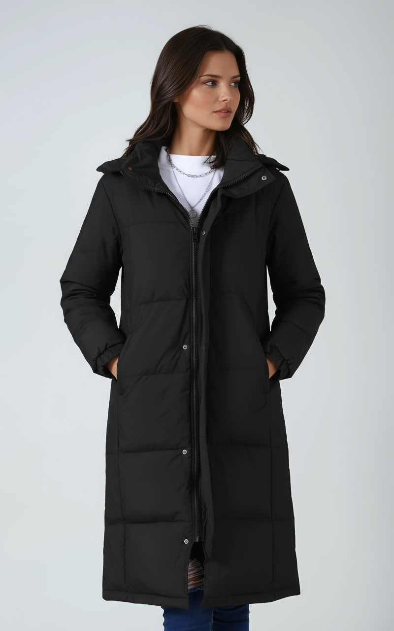 Abrigo largo acolchado y cálido para mujer con capucha, ideal para mantenerte cómoda en invierno.