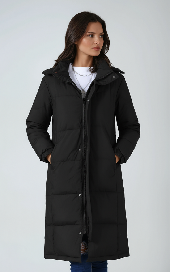Abrigo largo acolchado y cálido para mujer con capucha, ideal para mantenerte cómoda en invierno.