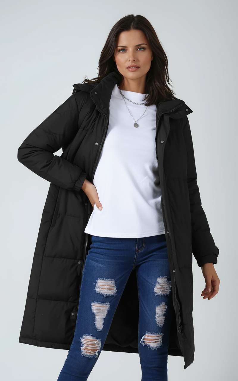 Ropa exterior de invierno para mujer: abrigo largo acolchado con capucha, muy cómodo y funcional.