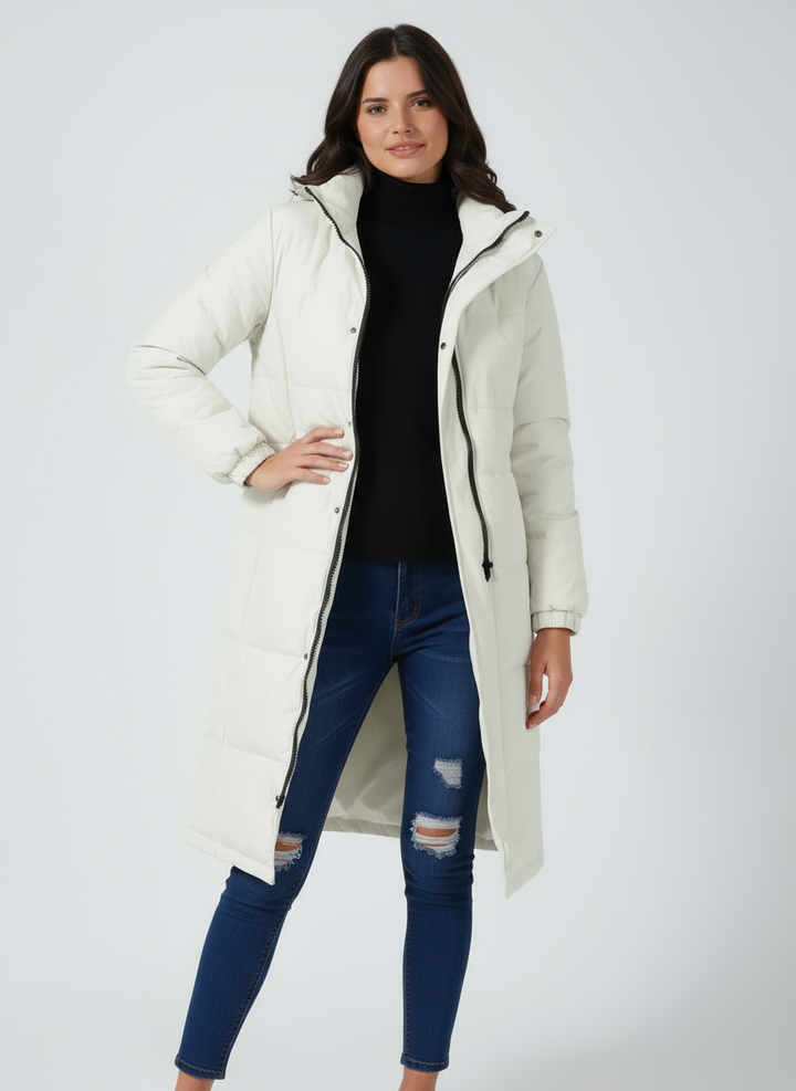 Abrigo largo de invierno para mujer con capucha ajustable y diseño acolchado, muy versátil y chic.