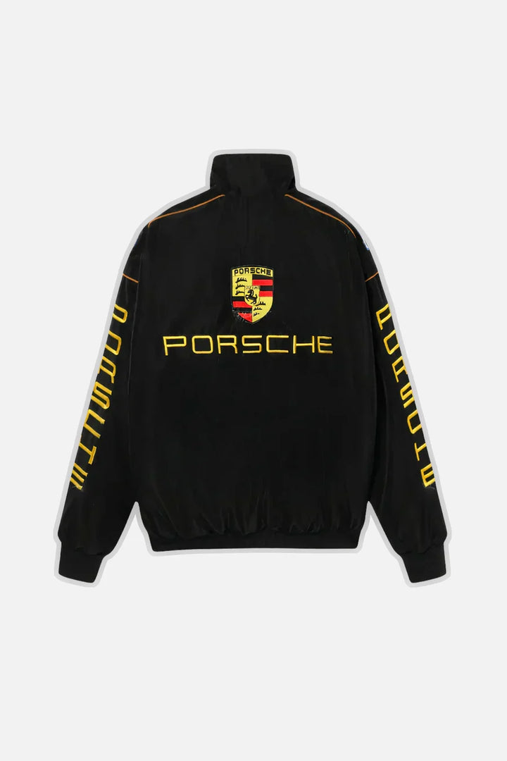 Chaqueta vintage unisex de carreras con detalles retro, perfecta para entusiastas del automovilismo y moda casual.