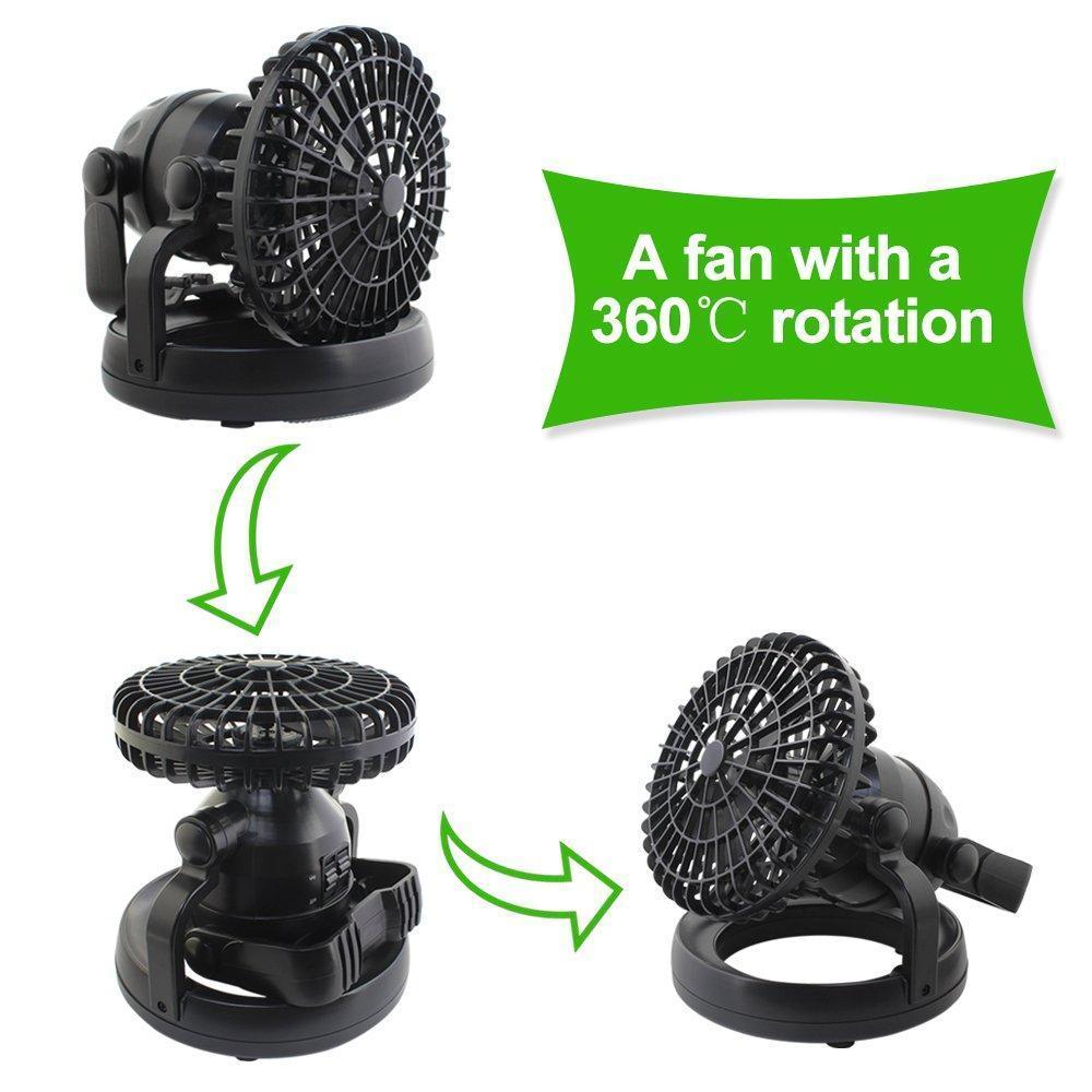 Ventilador recargable para exteriores con función de luz LED, ideal para aventuras y emergencias.