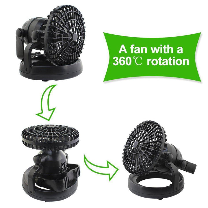 Ventilador recargable para exteriores con función de luz LED, ideal para aventuras y emergencias.