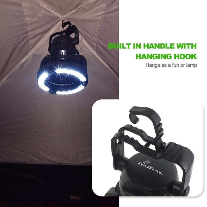 Detalle del ventilador portátil impermeable para camping, mostrando rejilla y luz LED.