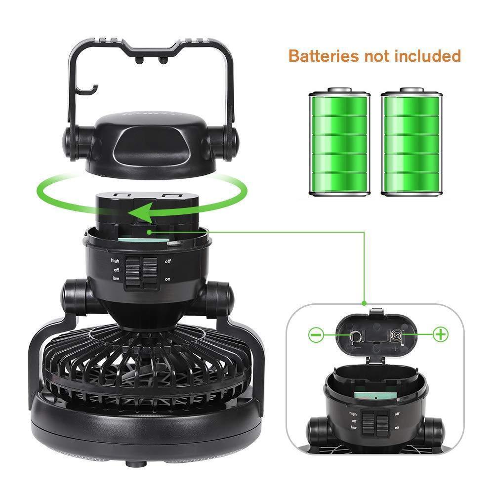 Ventilador de aventura con luz LED, compacto y recargable, perfecto para aire libre y verano.