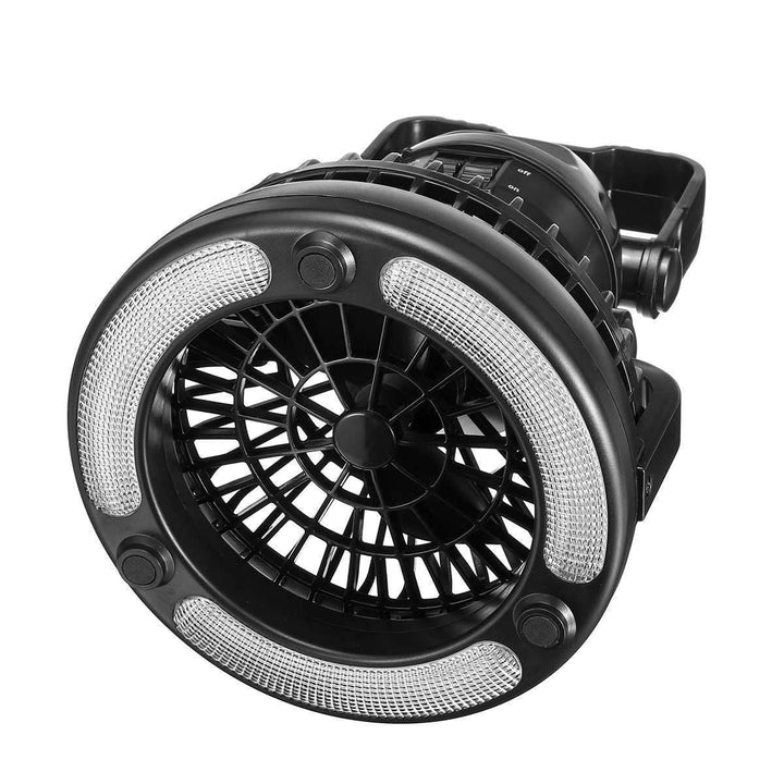 Ventilador compacto con luz LED para camping, ideal para llevar en mochila en tus salidas al aire libre.