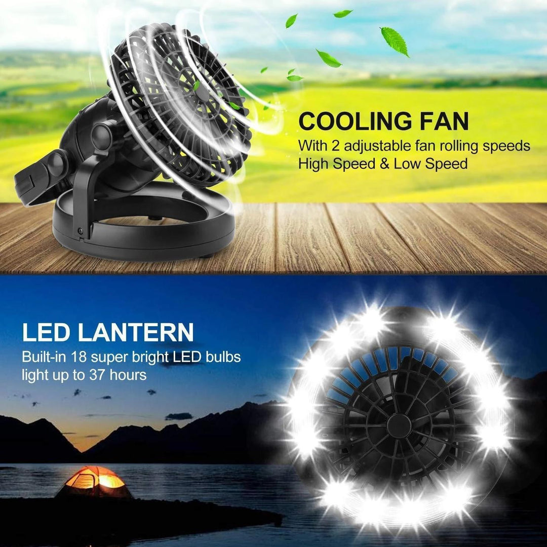 Ventilador de mesa portátil con luz LED brillante, ideal para camping nocturno y exteriores.