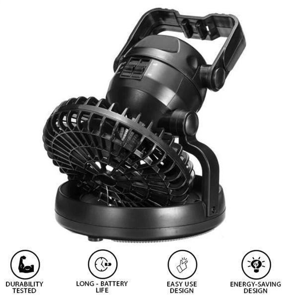 Primer plano del ventilador portátil LED recargable, esencial para aire libre y camping.