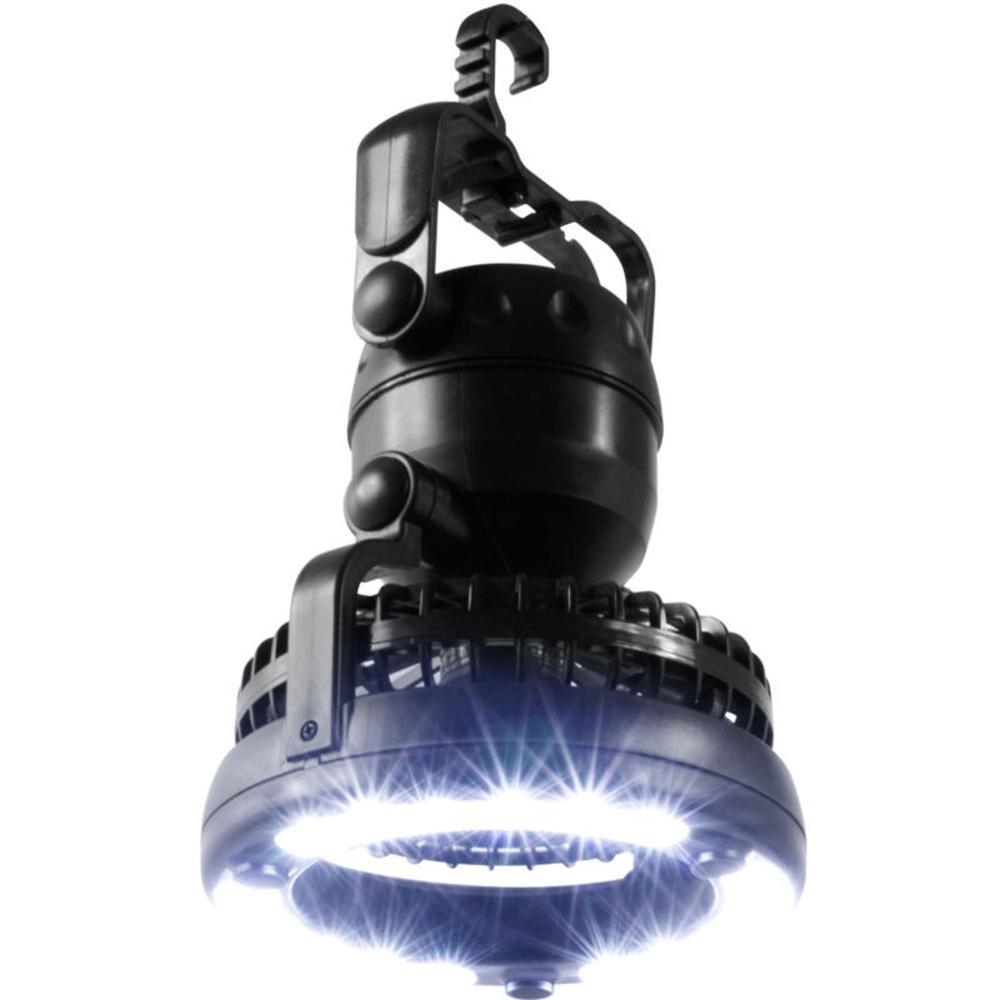Ventilador de camping impermeable con iluminación LED, ideal para exteriores y emergencias en verano.