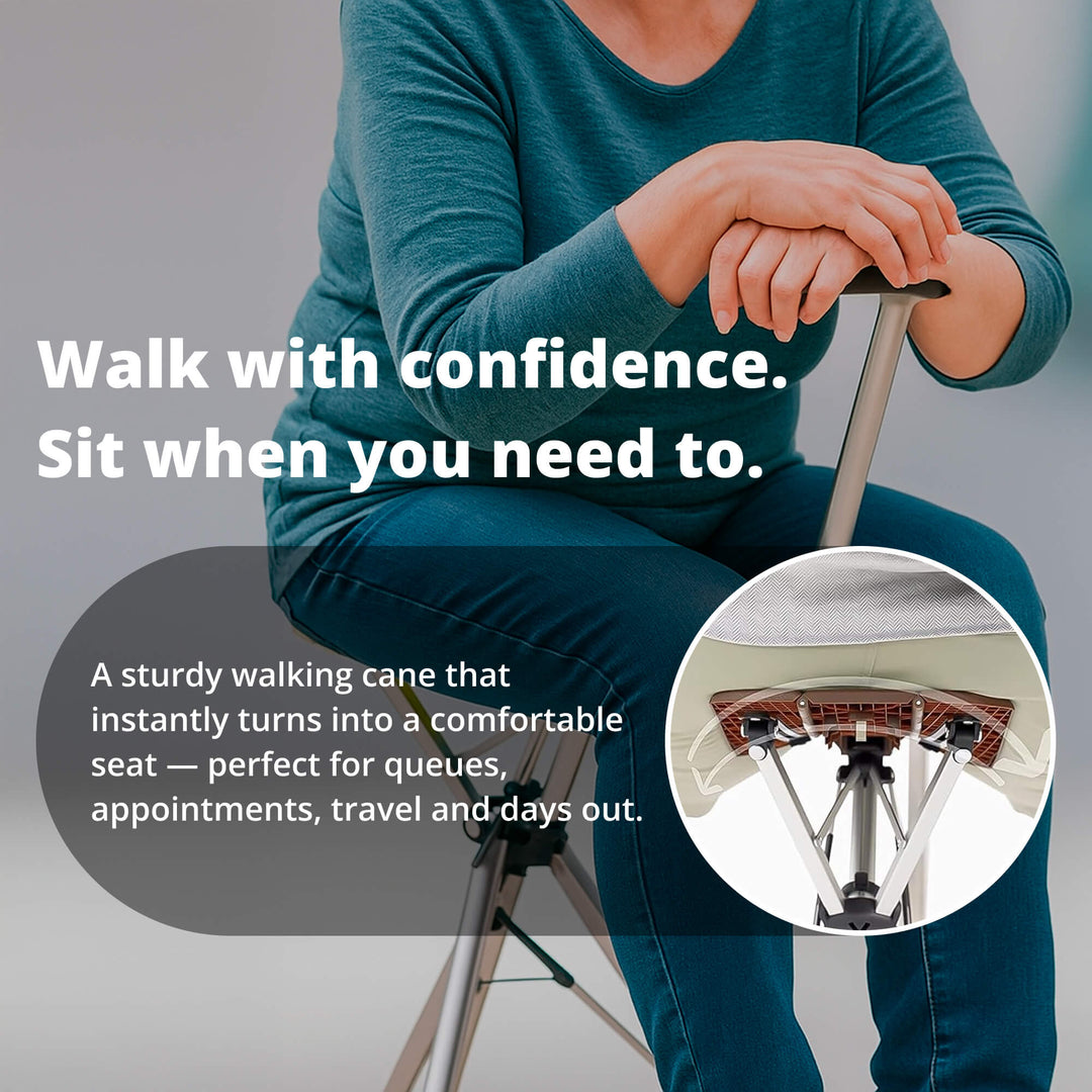 Bastón ergonómico plegable con asiento, brinda soporte firme y un lugar para descansar durante caminatas.