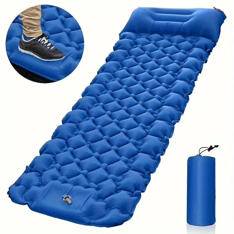 Descansa cómodamente en este colchón inflable impermeable, ideal para camping, senderismo y aire libre.