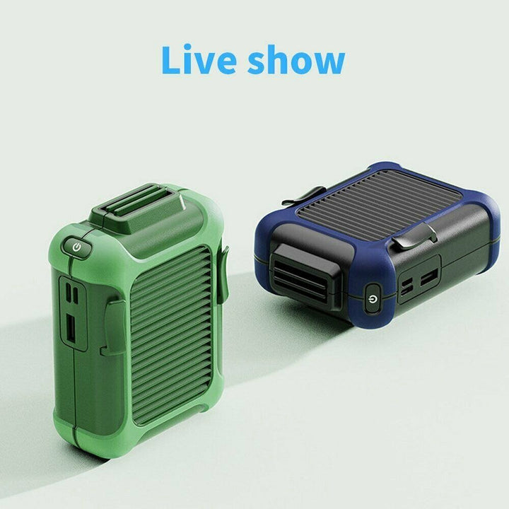 Mini ventilador de cintura recargable para verano. Aire personal manos libres, perfecto para viajes y trabajo exterior.