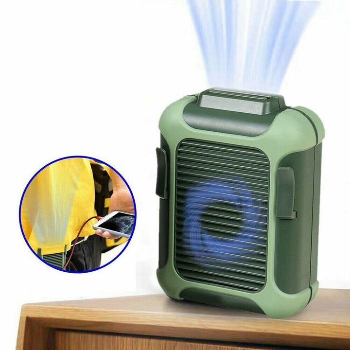 Ventilador de cintura portátil recargable, ideal para mantenerte fresco en actividades al aire libre, deporte o camping.