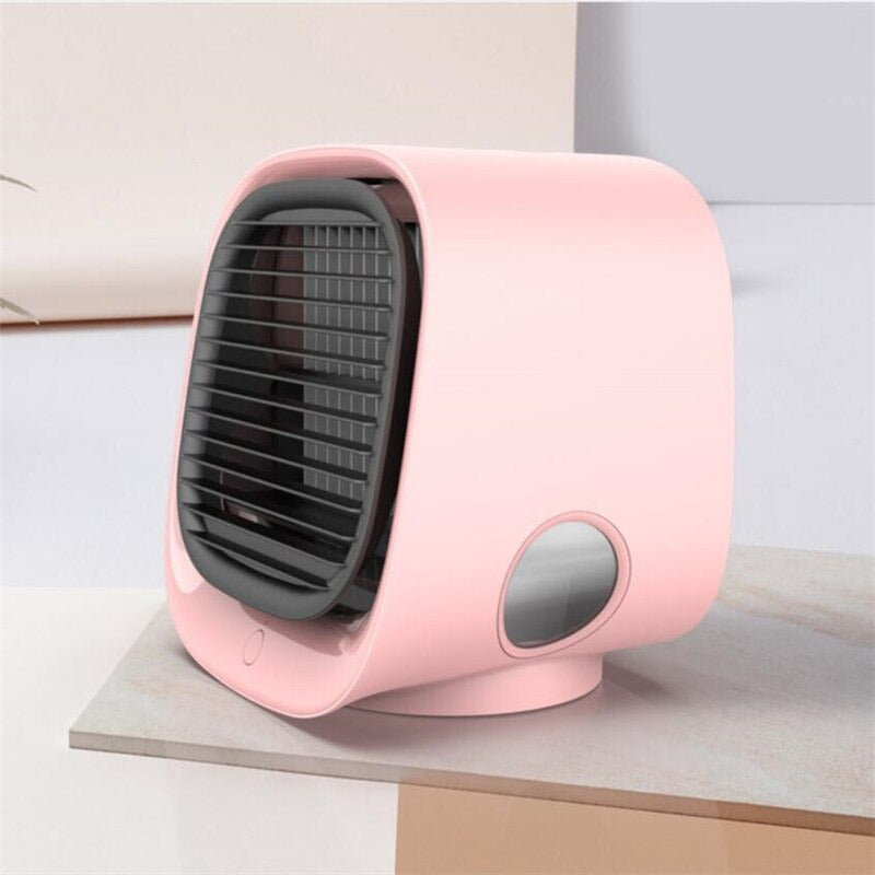 Ventilador enfriador portátil USB con función de humidificador y purificador de aire, perfecto para viaje y uso en auto.