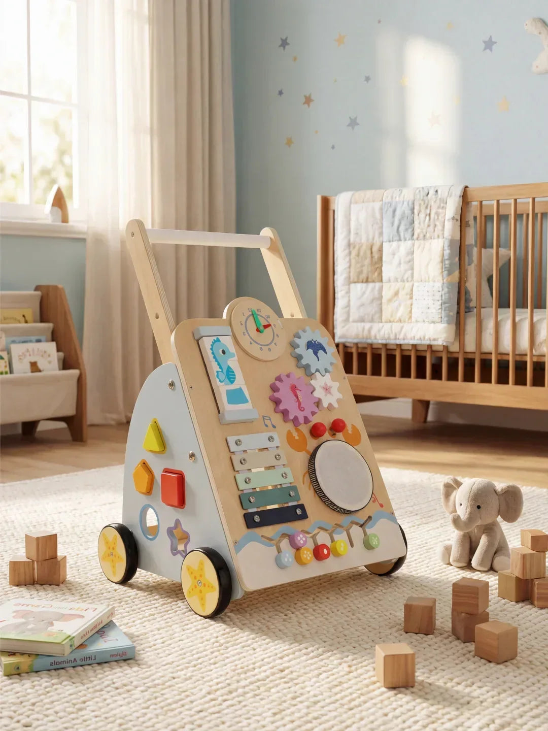 Juguete educativo andador de madera con actividades de motricidad fina y equilibrio para bebés, diseño marino.