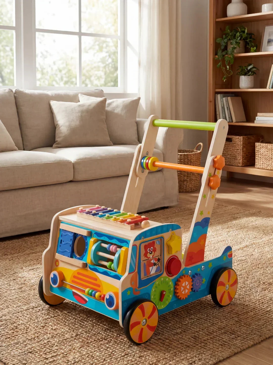 Andador de madera infantil con xilófono, engranajes y formas para estimular aprendizaje y motricidad del bebé.