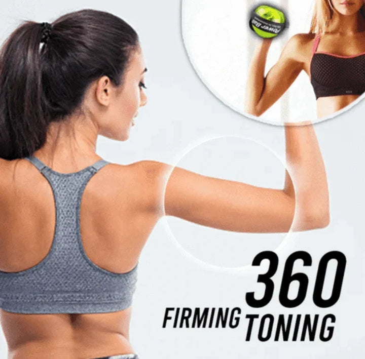 Persona usando Powerball para fortalecer agarre. Ideal para fitness y músculos del brazo.