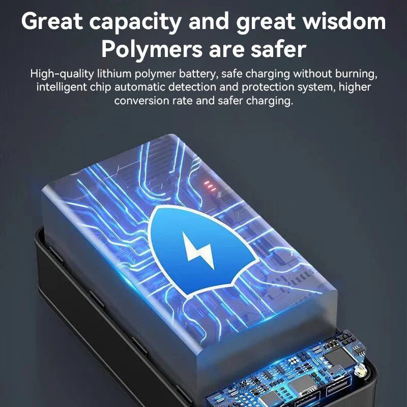 Batería externa de 50000 mAh negra, ideal para viajes y emergencias. Mantiene tus dispositivos cargados.