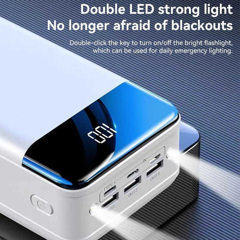 Cargador portátil negro de 50000 mAh, accesorio esencial para tu móvil. Diseño compacto y potente.