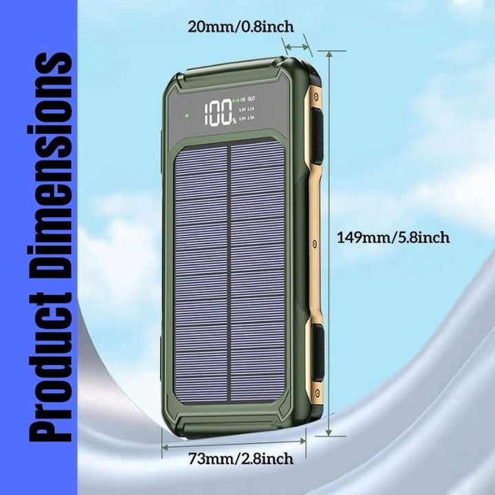 Power bank solar 20000mAh. Cargador portátil USB-C con linterna. Esencial para exteriores y apagones.