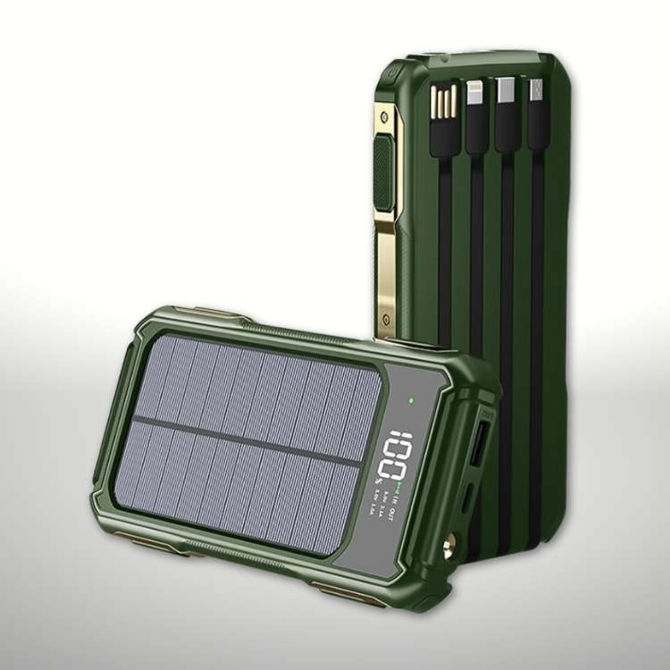 Power bank solar 20000mAh de carga rápida. Energía portátil para camping, senderismo y aventura al aire libre.