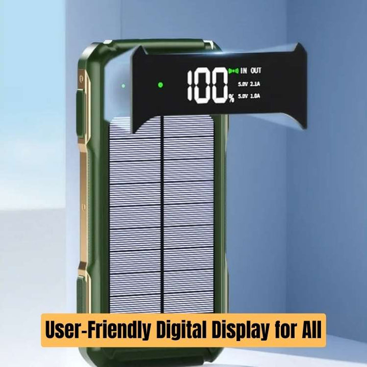 Obtén energía ilimitada con este power bank solar 20000mAh. Ideal para emergencias, camping y aventuras exteriores.