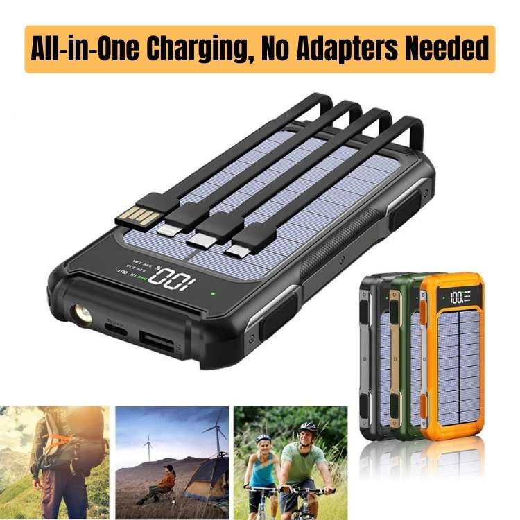 Cargador solar 20000mAh en uso al aire libre. Energía portátil USB para camping y situaciones de emergencia.