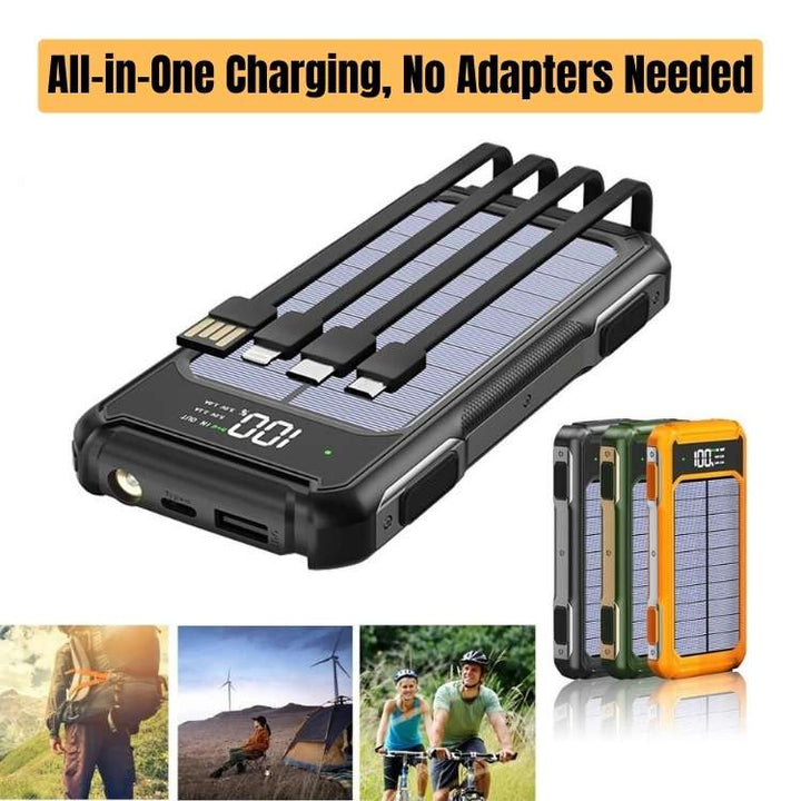 Cargador solar 20000mAh en uso al aire libre. Energía portátil USB para camping y situaciones de emergencia.