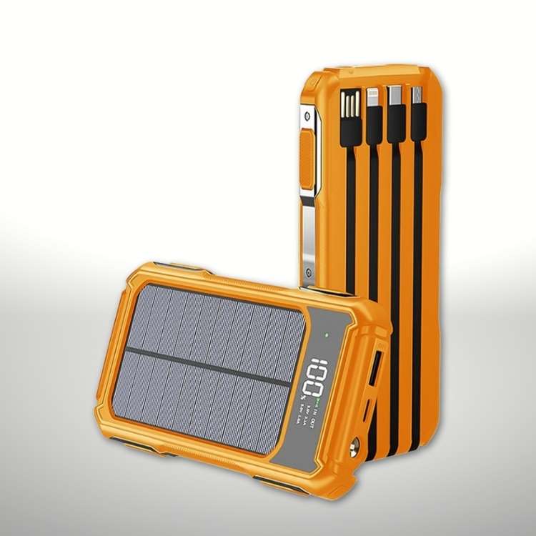 Cargador solar IP55 resistente 20000mAh. Ideal para exteriores, camping y emergencias. Confiable y duradero.