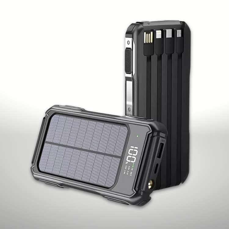 Cargador solar portátil 20000mAh. Power bank USB-C para exteriores, camping y emergencia.
