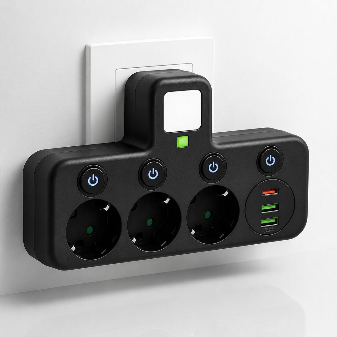 Estación de carga compacta con múltiples puertos USB y USB-C. Conecta y protege tus dispositivos.