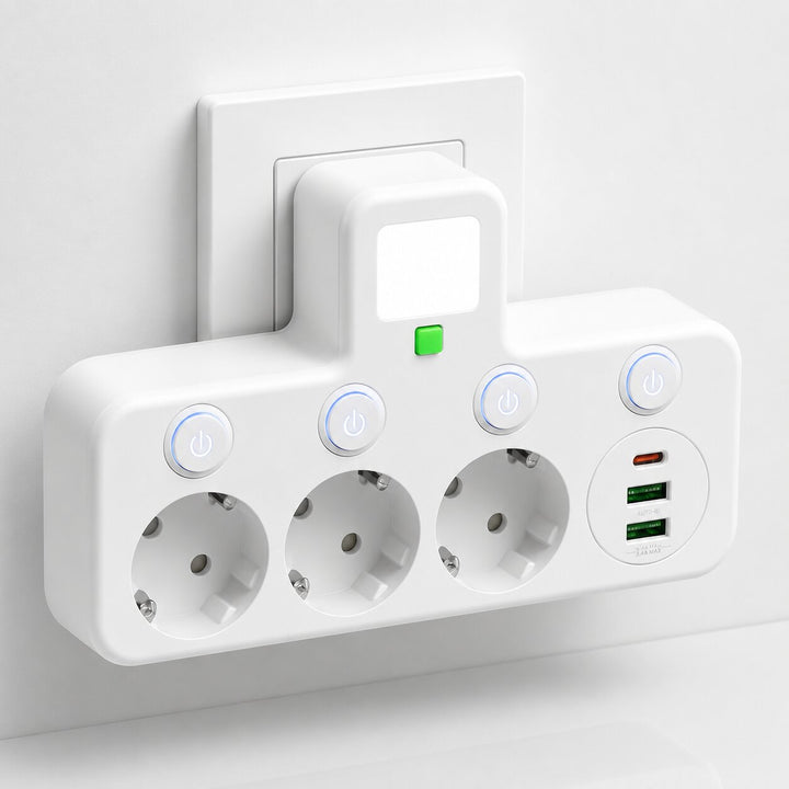 Regleta inteligente con USB y USB-C. Ofrece alimentación segura y eficiente para tus equipos digitales.