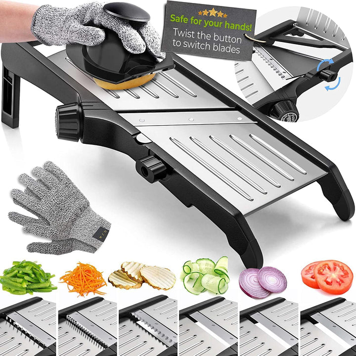 Mandolina cortador de verduras y patatas, rebanador profesional ajustable de acero inoxidable con guantes.