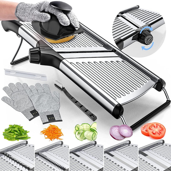 Preparación rápida con mandolina ajustable, rebanador de verduras profesional y guantes de seguridad anticorte.