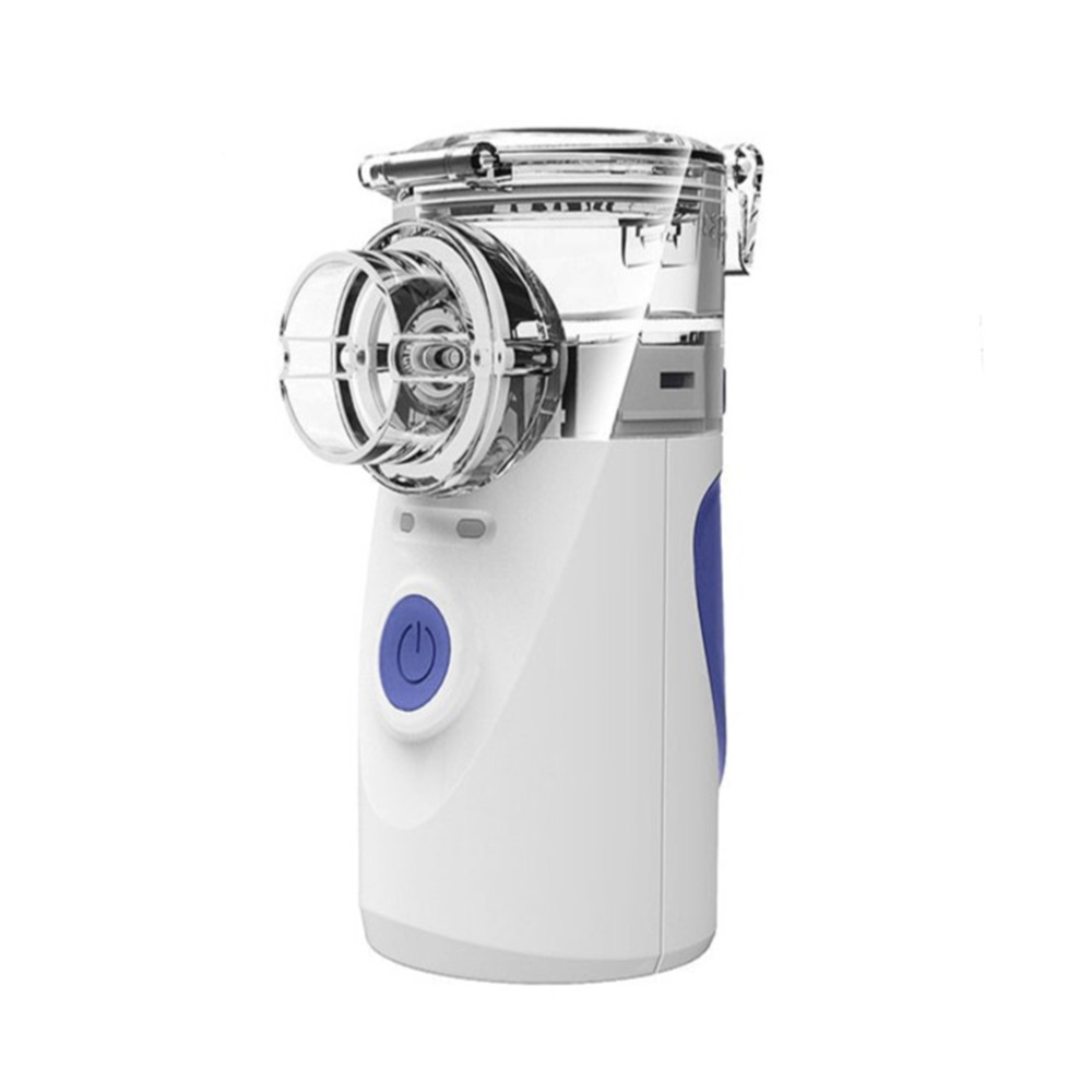 Nebulizador recargable con cable USB y estuche; solución portátil completa para tratamiento de asma y salud.