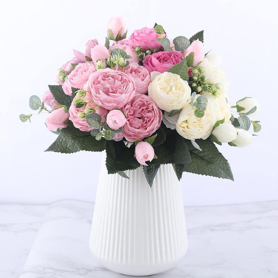 Ramo de 9 peonías de seda artificial de 30 cm, perfecto para arreglos florales y jarrones.